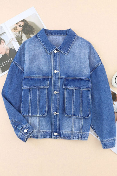 Collared Neck Button Up Denim Jacket - S. M. & Co.