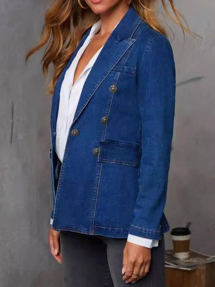 Collared Neck Long Sleeve Denim Jacket - S. M. & Co.