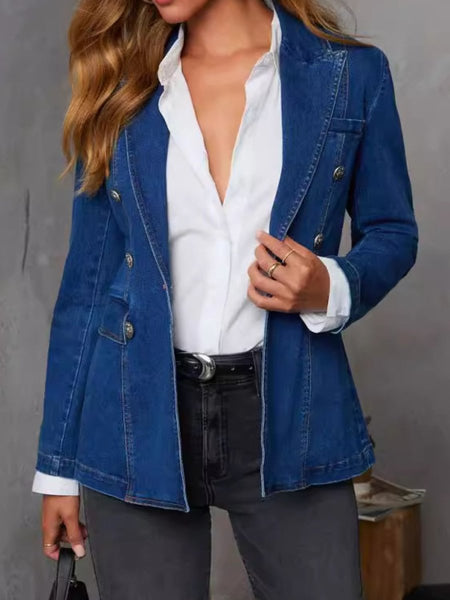 Collared Neck Long Sleeve Denim Jacket - S. M. & Co.