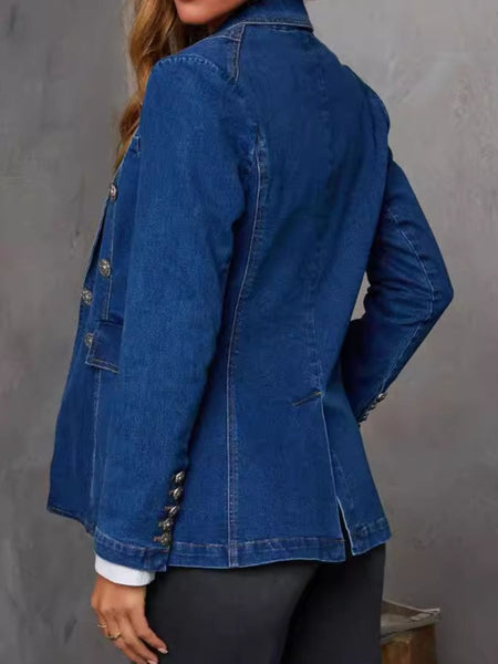 Collared Neck Long Sleeve Denim Jacket - S. M. & Co.