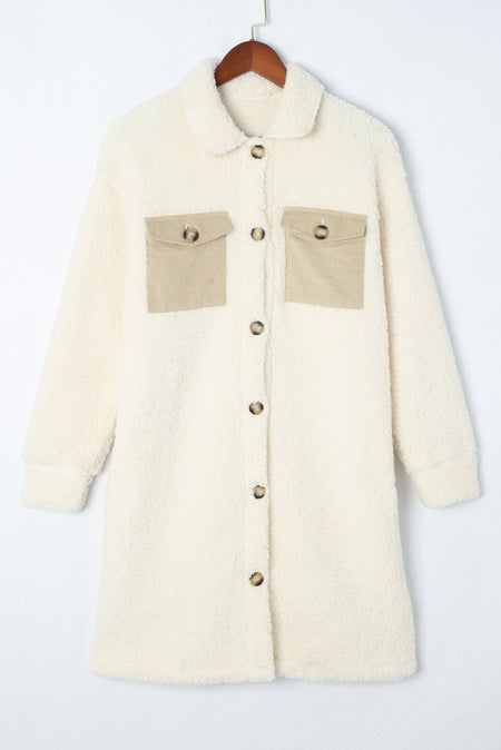 Collared Neck Long Sleeve Longline Teddy Jacket - S. M. & Co.