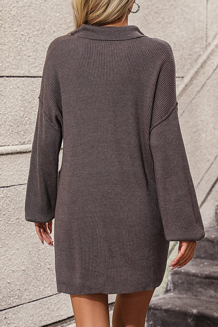 Collared Neck Long Sleeve Sweater Dress with Pockets - S. M. & Co.