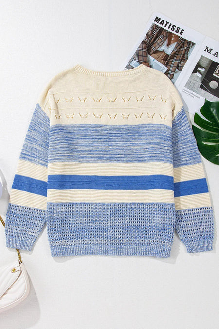 Color Block Boat Neck Long Sleeve Sweater - S. M. & Co.