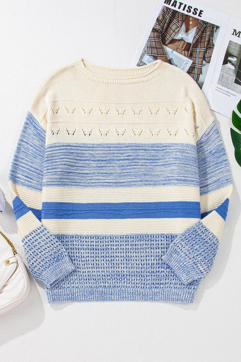 Color Block Boat Neck Long Sleeve Sweater - S. M. & Co.