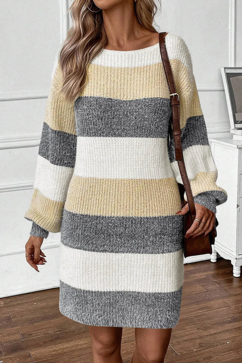 Color Block Boat Neck Long Sleeve Sweater Dress - S. M. & Co.