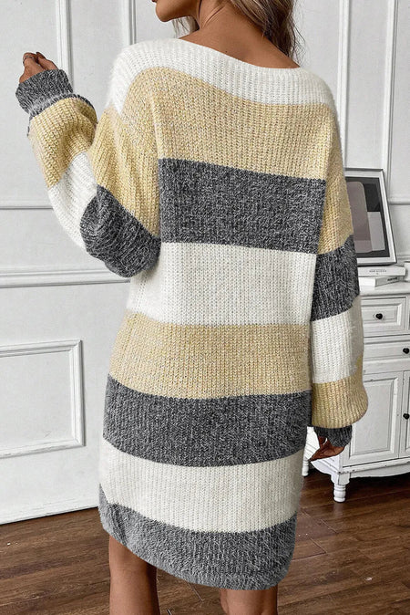 Color Block Boat Neck Long Sleeve Sweater Dress - S. M. & Co.