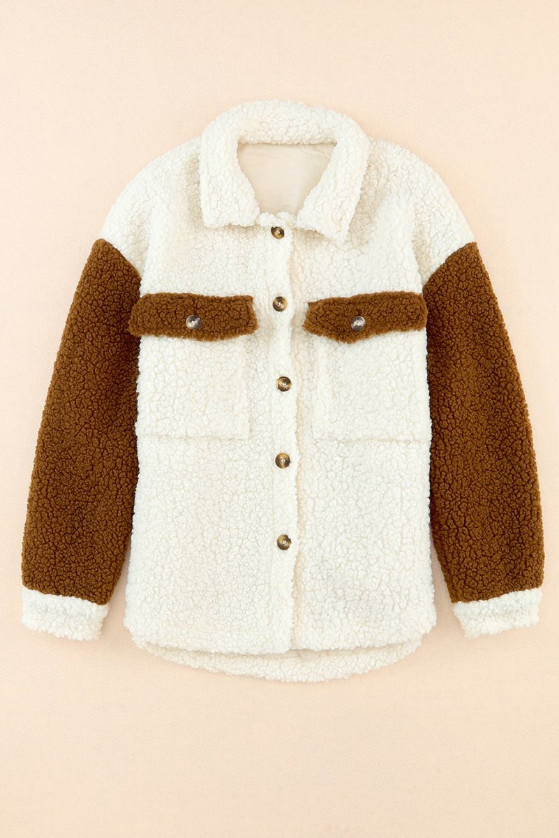 Color Block Collared Neck Sherpa Jacket - S. M. & Co.