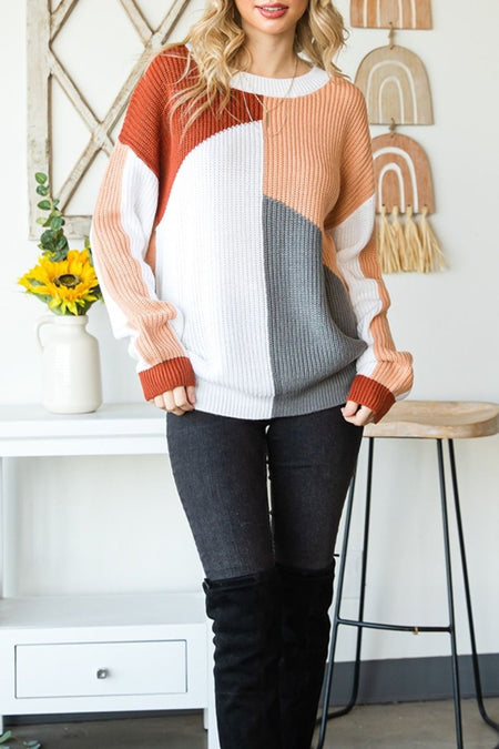 Color Block Drop Shoulder Long Sleeve Sweater - S. M. & Co.