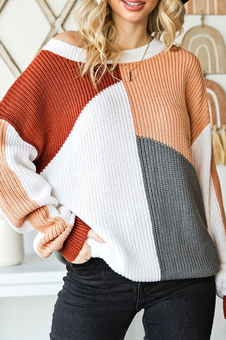 Color Block Drop Shoulder Long Sleeve Sweater - S. M. & Co.