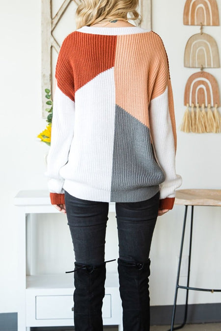 Color Block Drop Shoulder Long Sleeve Sweater - S. M. & Co.