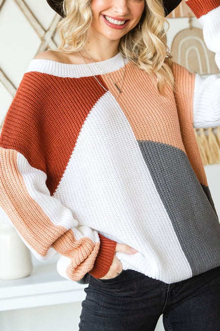 Color Block Drop Shoulder Long Sleeve Sweater - S. M. & Co.