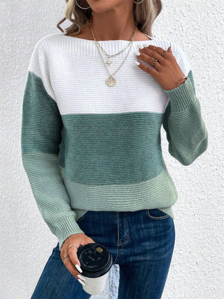 Color Block Drop Shoulder Long Sleeve Sweater - S. M. & Co.