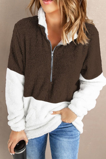 Color Block Half Zip Long Sleeve Fuzzy Sweatshirt - S. M. & Co.