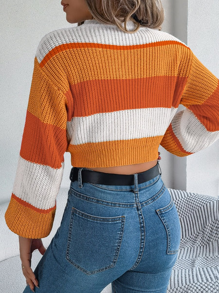 Color Block Round Neck Cropped Sweater - S. M. & Co.