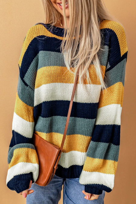 Color Block Round Neck Dropped Shoulder Sweater - S. M. & Co.