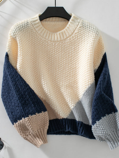 Color Block Round Neck Dropped Shoulder Sweater - S. M. & Co.