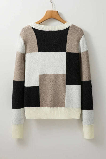 Color Block Round Neck Long Sleeve Sweater - S. M. & Co.