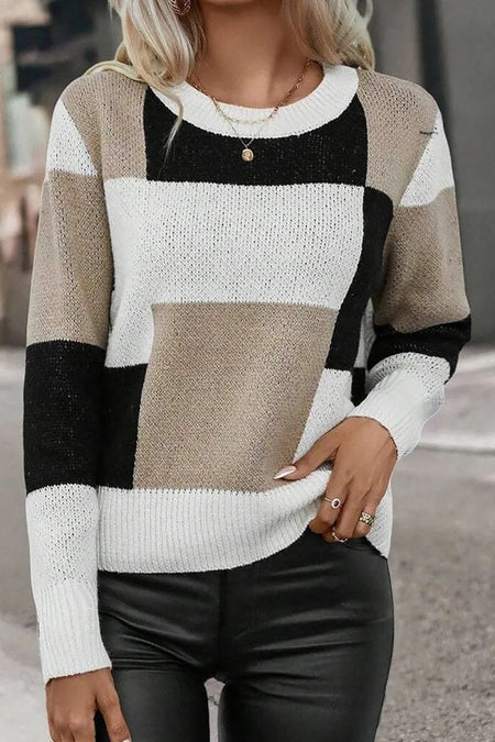 Color Block Round Neck Long Sleeve Sweater - S. M. & Co.