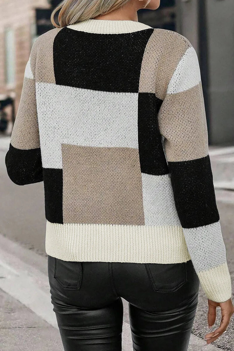 Color Block Round Neck Long Sleeve Sweater - S. M. & Co.