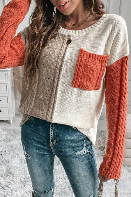 Color Block Round Neck Long Sleeve Sweater - S. M. & Co. Round Neck Sweater