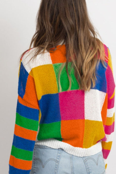 Color Block Round Neck Long Sleeve Sweater - S. M. & Co.