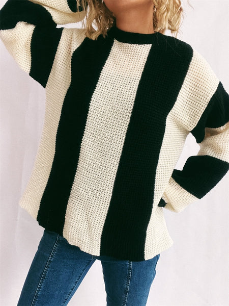 Color Block Round Neck Long Sleeve Sweater - S. M. & Co.