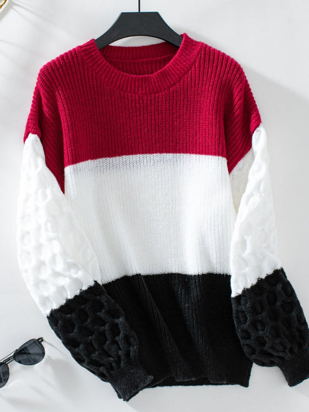 Color Block Round Neck Long Sleeve Sweater - S. M. & Co.