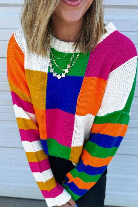 Color Block Round Neck Long Sleeve Sweater - S. M. & Co.