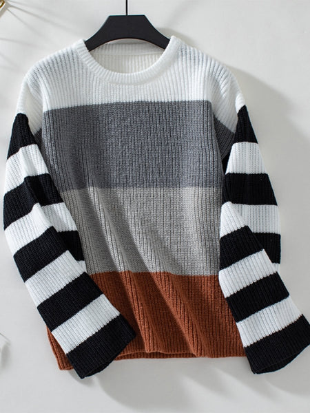 Color Block Round Neck Long Sleeve Sweater - S. M. & Co.