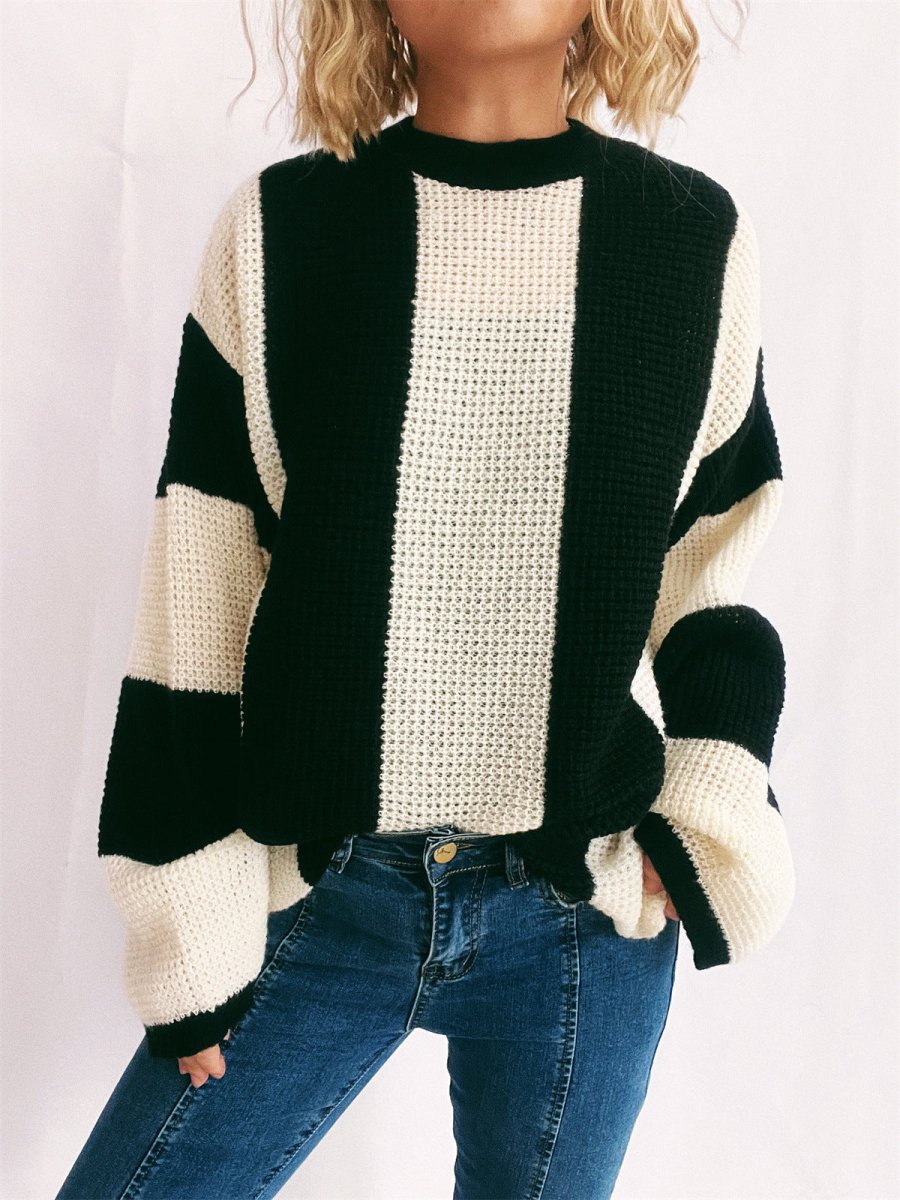 Color Block Round Neck Long Sleeve Sweater - S. M. & Co.