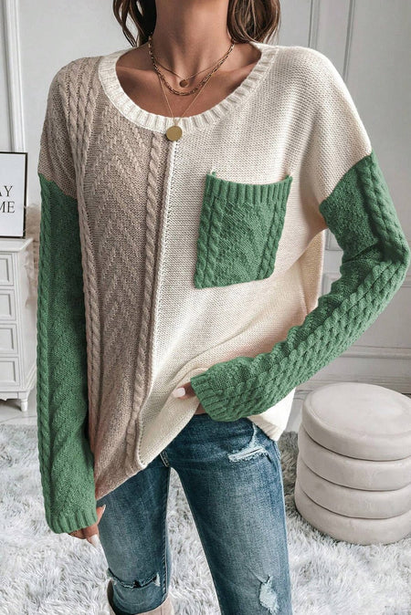 Color Block Round Neck Long Sleeve Sweater - S. M. & Co. Round Neck Sweater