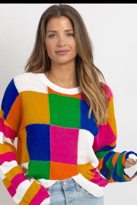 Color Block Round Neck Long Sleeve Sweater - S. M. & Co.