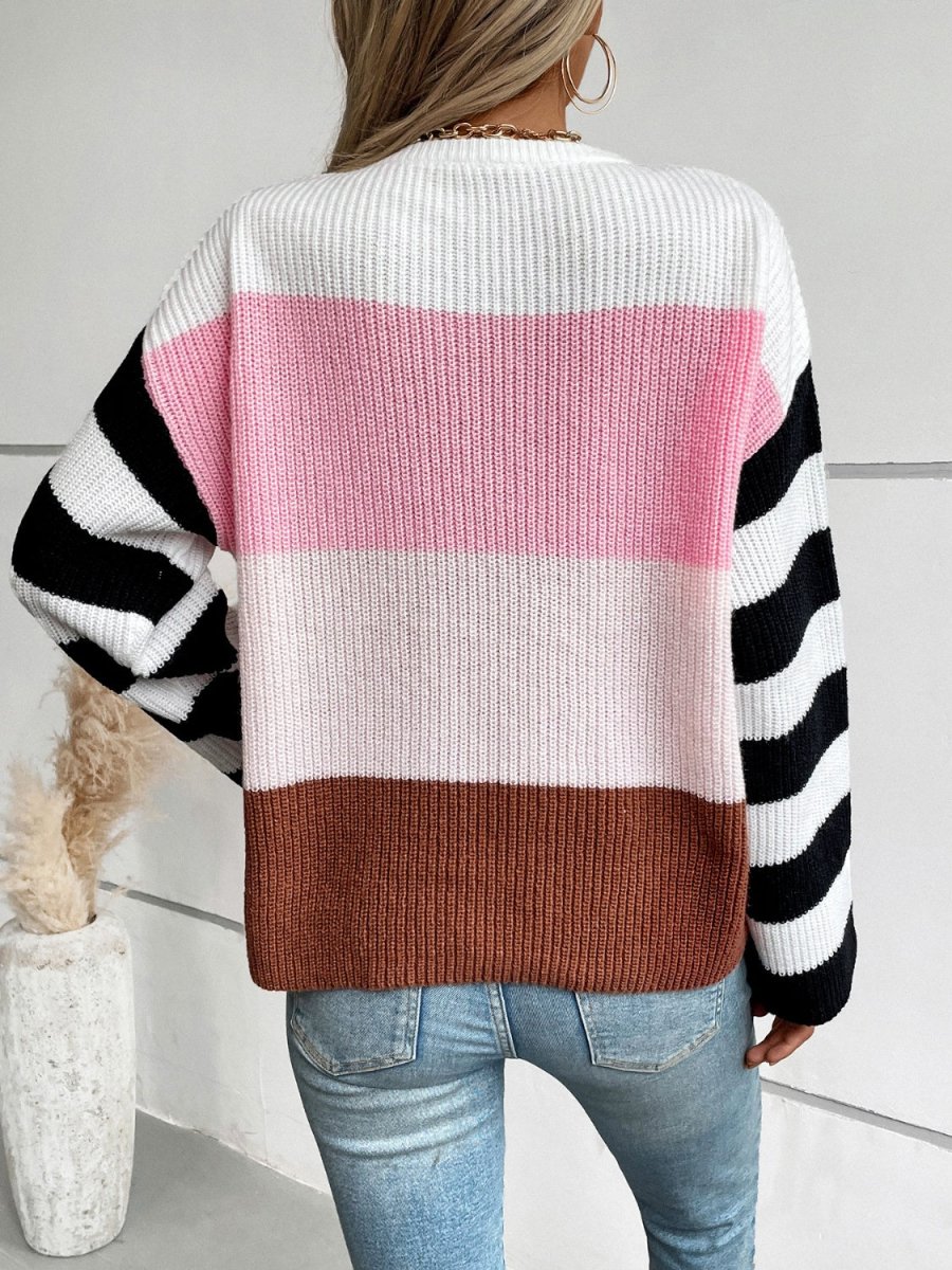 Color Block Round Neck Long Sleeve Sweater - S. M. & Co.