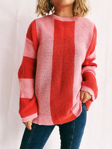 Color Block Round Neck Long Sleeve Sweater - S. M. & Co.