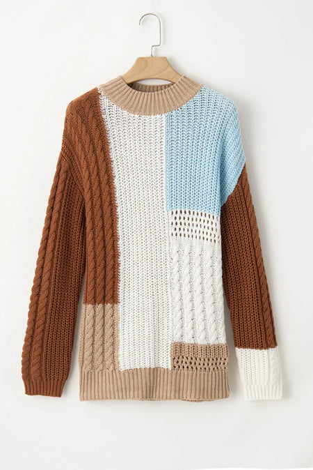 Color Block Round Neck Long Sleeve Sweater - S. M. & Co.