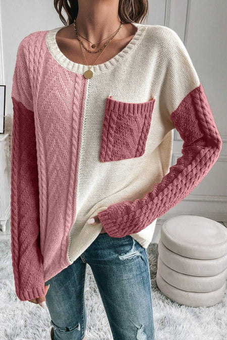 Color Block Round Neck Long Sleeve Sweater - S. M. & Co. Round Neck Sweater