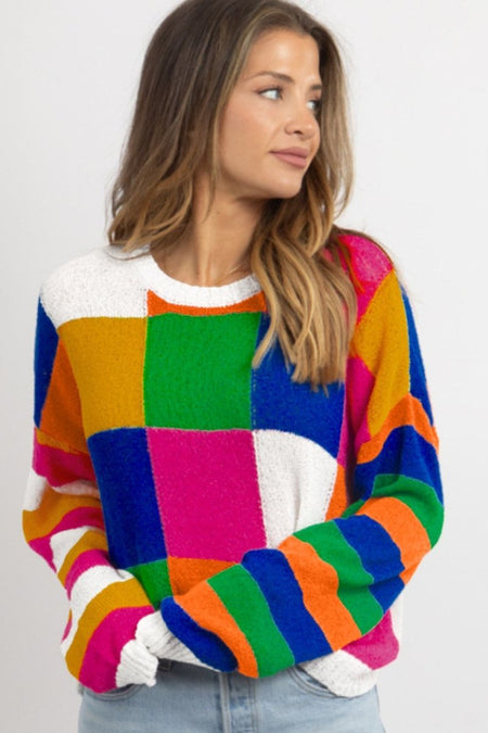 Color Block Round Neck Long Sleeve Sweater - S. M. & Co.