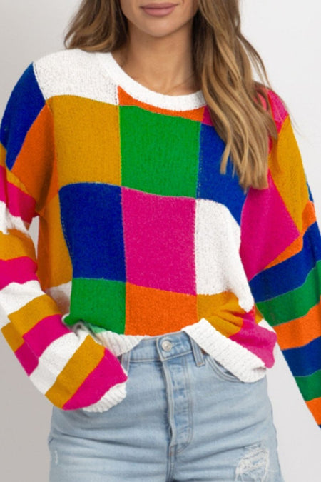 Color Block Round Neck Long Sleeve Sweater - S. M. & Co.