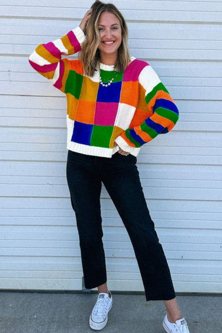 Color Block Round Neck Long Sleeve Sweater - S. M. & Co.