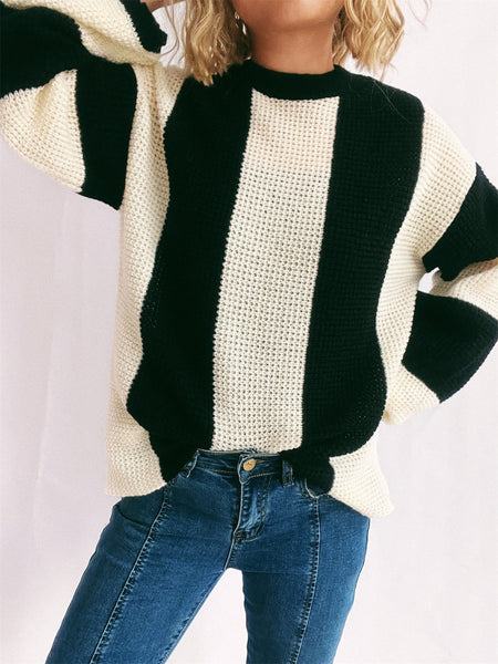 Color Block Round Neck Long Sleeve Sweater - S. M. & Co.