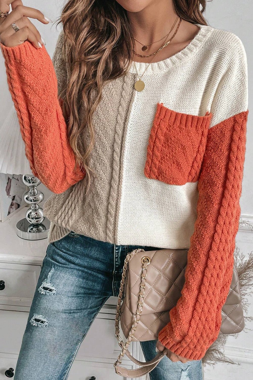 Color Block Round Neck Long Sleeve Sweater - S. M. & Co. Round Neck Sweater