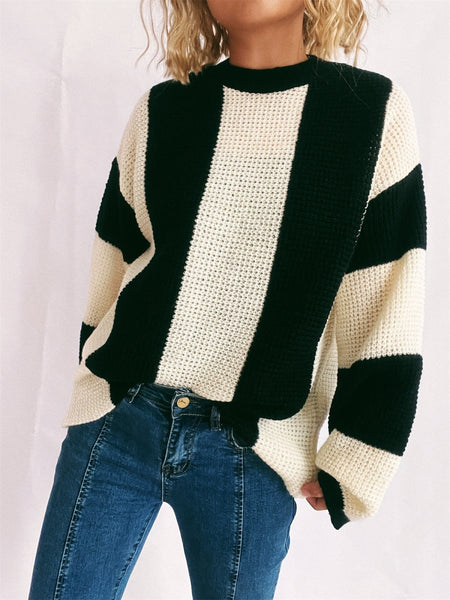 Color Block Round Neck Long Sleeve Sweater - S. M. & Co.