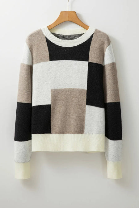 Color Block Round Neck Long Sleeve Sweater - S. M. & Co.