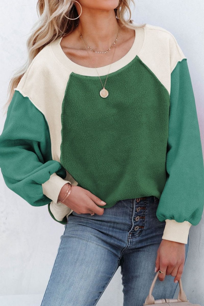 Color Block Round Neck Long Sleeve Sweatshirt - S. M. & Co.