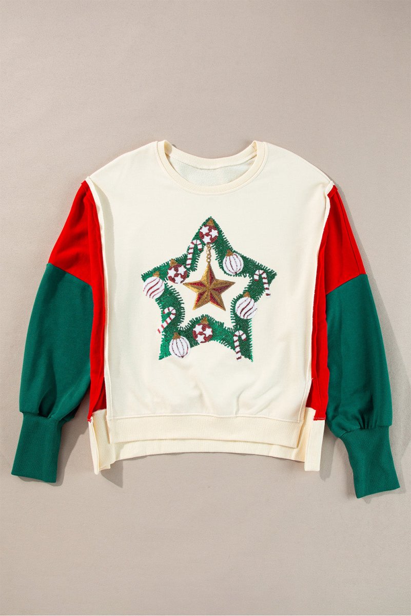 Color Block Star Side Slit Lantern Sleeve Sweatshirt - S. M. & Co.