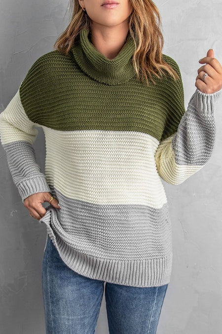 Color Block Turtleneck Long Sleeve Sweater - S. M. & Co.