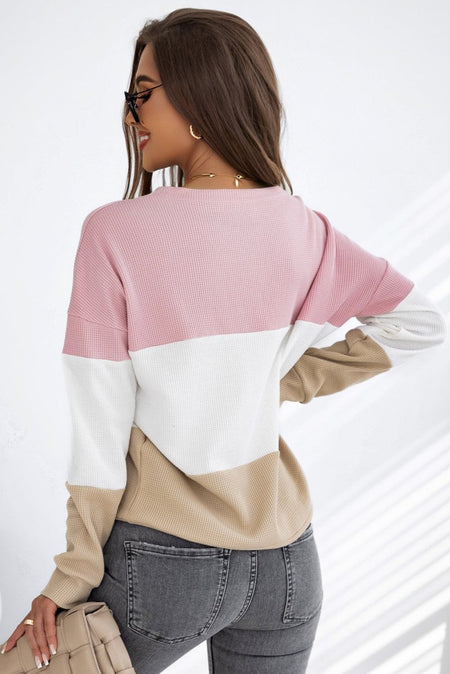 Color Block Waffle Knit Long Sleeve Top - S. M. & Co.