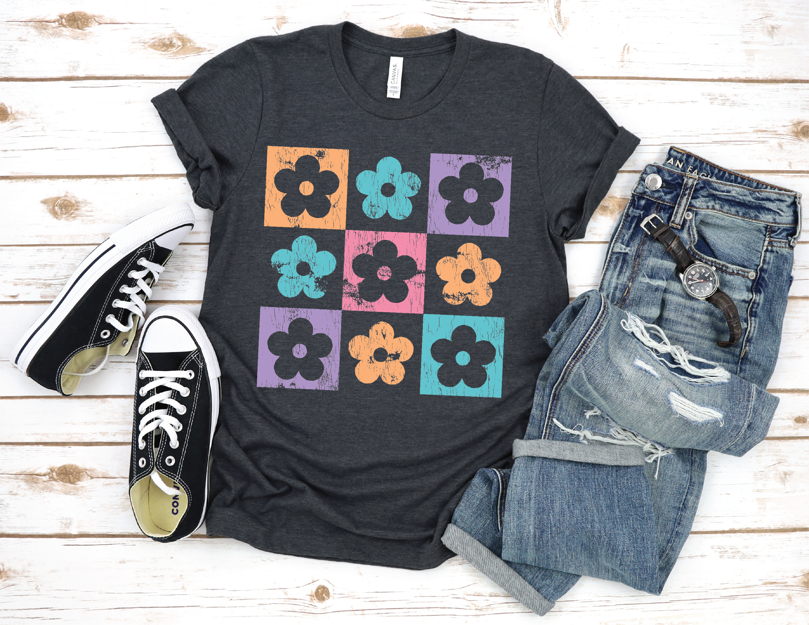 Colorful Checkered Daisy Graphic Tee
