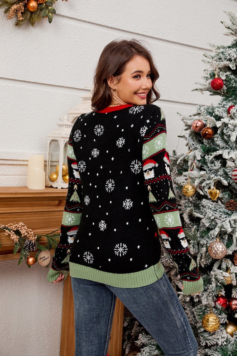 Contrast Christmas Pattern Round Neck Sweater - S. M. & Co.