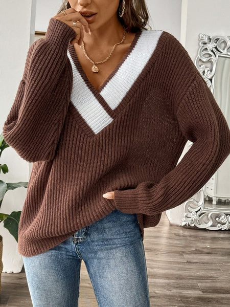 Contrast Dropped Shoulder Long Sleeve Sweater - S. M. & Co.